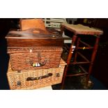 TWO WICKER PICNIC BASKETS, an oak stool,candle box and cutlery tray (5)
