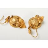 A PAIR OF LATE VICTORIAN FOLIATE AND BUCKLE DROP EARRINGS, each designed with a buckle panel