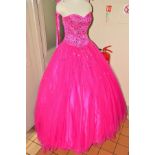 A 'RUBY PROM' PINK STRAPLESS DRESS, size 6, with hooped skirt and sparkly tulle petticoats and