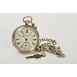 A LATE VICTORIAN SILVER POCKET WATCH, the white face with Roman numerals and subsidiary seconds