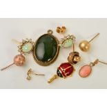 A SELECTION OF JEWELLERY, to include a pair of jelly opal cluster ear studs, five single earrings,