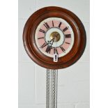 A 20TH CENTURY CIRCULAR OAK POST OFFICE CLOCK, diameter 28.5cm (two weights and pendulum)