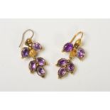 A PAIR OF LATE VICTORIAN AMETHYST DROP EARRINGS, each designed as a trefoil of oval amethysts