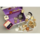 A BOX OF MAINLY COSTUME JEWELLERY, to include a pair of open flower design earrings, stamped 9