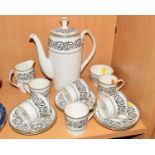 SHELLEY 'BLACK GRECIAN SCROLL' COFFEE SET, No.14294, consisting of coffee pot, cream jug, sugar