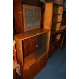 A NATHAN 1970'S TEAK GLAZED BOOKCASE, together with a golden oak glazed bookcase and another