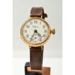 AN EARLY 20TH CENTURY 9CT GOLD CASED WALTHAM USA WRISTWATCH, the white face with Arabic numerals,