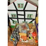 A THREE STOREY DOLL'S HOUSE, together with furniture and figures, approximate size height 56cm x