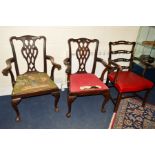 A PAIR OF GEORGIAN MAHOGANY CHIPPENDALE STYLE CARVER CHAIRS, (s.d.), together with a laddered carver