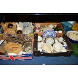 FOUR BOXES AND LOOSE SUNDRY ITEMS, to include jelly moulds, Wedgwood pie dish, modern decorative