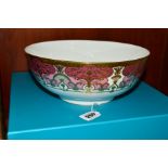 A BOXED ROYAL CROWN DERBY SALAD BOWL, A1359 'Heritage' pattern, pink and lilac bands with gilt