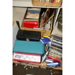 THREE BOXES OF L.P'S, SINGLES, CASSETTES TAPES, C.D'S, Talking books and personal music players,