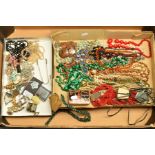 A BOX OF MAINLY COSTUME JEWELLERY, to include two malachite bead necklaces, glass and plastic bead