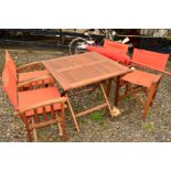 A SQUARE TEAK FOLDING GARDEN TABLE, 90cm squared x height 75cm, a set of four folding director style