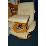 A CREAM LEATHER ELECTRIC SWIVEL RECLINING MASSAGING CHAIR with matching footstool (2)