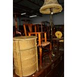 AN EDWARDIAN MAHOGANY THREE TIER CAKE STAND, together with a rush seated chair, brass standard lamp,