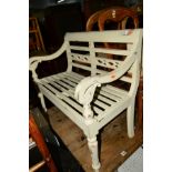 A CREAM PAINTED TWO SEATER BENCH, width 85cm