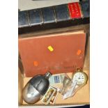 A SMALL BOX OF SUNDRIES, to include a small brass barrel shaped alarm clock 'The British United