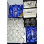A QUANTITY OF CUT GLASS to include four Waterford Crystal brandy glasses (boxed), Royal Doulton by