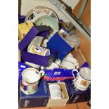 A BOX AND LOOSE CERAMICS, to include commemorative items, Royalty, Military, Coal Mining etc