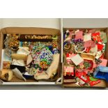 A BOX OF COSTUME JEWELLERY, to include many mid 20th Century pieces of costume jewellery, some by