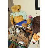 TWO BOXES AND LOOSE SUNDRY ITEMS, CERAMICS, GLASS ETC, to include large straw filled teddy bear (