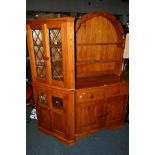 A MODERN GOLDEN OAK DUTCH DRESSER, with two drawers, together with a matching TV cabinet, a lead