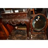 A REPRODUCTION MAHOGANY RECTANGULAR OCCASIONAL TABLE, carved with scrolled foliate decoration,
