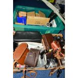 TWO BOXES OF CAMERAS, BINOCULARS, ACCESSORIES, etc, to include 'Crawley, Caernarvon' 8 x 25, 'Koroll