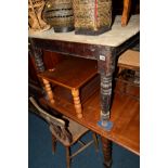 A DISTRESSED VICTORIAN STAINED PINE KITCHEN TABLE, with a single drawer, together with two Victorian