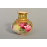 A ROYAL WORCESTER GLOBULAR VASE, with pierced neck and flared rim, painted with roses, puce
