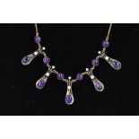 AN AMETHYST AND DIAMOND NECKLACE, designed as five tapered, rounded panels with scrolling detail