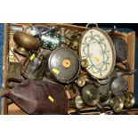 A BOX OF PEWTER, BRASS, SILVER PLATE, etc, including teawares, vases, condiment items, etc