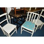 A PAINTED HEXAGONAL OCCASIONAL TABLE, together with six painted chairs, a painted tool chest and a