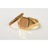 TWO RINGS, the first a 9ct gold signet ring with engraved initials, with 9ct hallmark, ring size