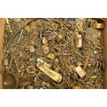A BOX OF JEWELLERY, WATCH PARTS, FITTINGS ETC, to include jewellery, broken jewellery, fittings,