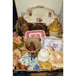 TWO BOXES OF SUNDRY ITEMS, to include a Masons ironstone tray, Saddlers teapot, pair of Royal
