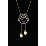 AN AMETHYST, SEED PEARL AND DIAMOND PENDANT NECKLACE, designed as an oval amethyst cabochon within