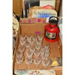 TWO BOXES OF SUNDRIES, GLASS, ETC, to include small silver cigarette box, cut glasses, ships, 'Port'