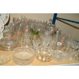 A QUANTITY OF CUT GLASS, etc, to include drinking glasses, bowls, salts, vases, etched glasses, etc