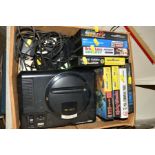 A VINTAGE SEGA MEGADRIVE 16 BIT GAMES CONSOLE, with PSU, one controller and eight games