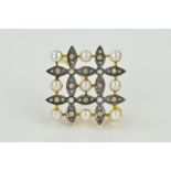 A DIAMOND AND SPLIT PEARL BROOCH, of square outline designed as four flowers each centrally set with