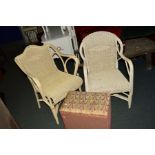 TWO SIMILAR PAINTED WICKER ARMCHAIRS, and a wicker blanket box (3)