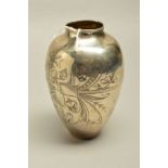 AN EGYPTIAN/IRANIAN WHITE METAL VASE, foliate and geometric engraved decoration, embossed marks to