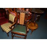 A GEORGIAN OAK TRIPOD TABLE, a walnut occasional table, a carved oak carver chair and a Victorian