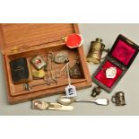 A BOX OF SILVER, PLATE AND COLLECTABLES, including a silver bookmark holding a miniature dictionary,