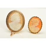 TWO CAMEO BROOCHES, BOTH OF OVAL OUTLINE, the first within a rope twist and diamond cut engraved