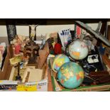THREE BOXES AND LOOSE SUNDRY ITEMS, to include three table top world globes (a.f), various Religious