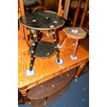 AN EARLY 20TH CENTURY EBONISED CIRCULAR OCCASSIONAL TABLE with an undertier, together with an oval