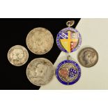 A SELECTION OF COINS AND MEDALLIONS, to include an enamelled sporting medallion and an enamelled